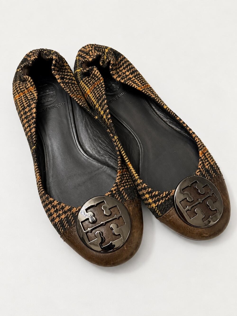 Tory Burch Reva Tweed Plaid Ballet Flats Brown Black Leather Cap Toe Size 7M